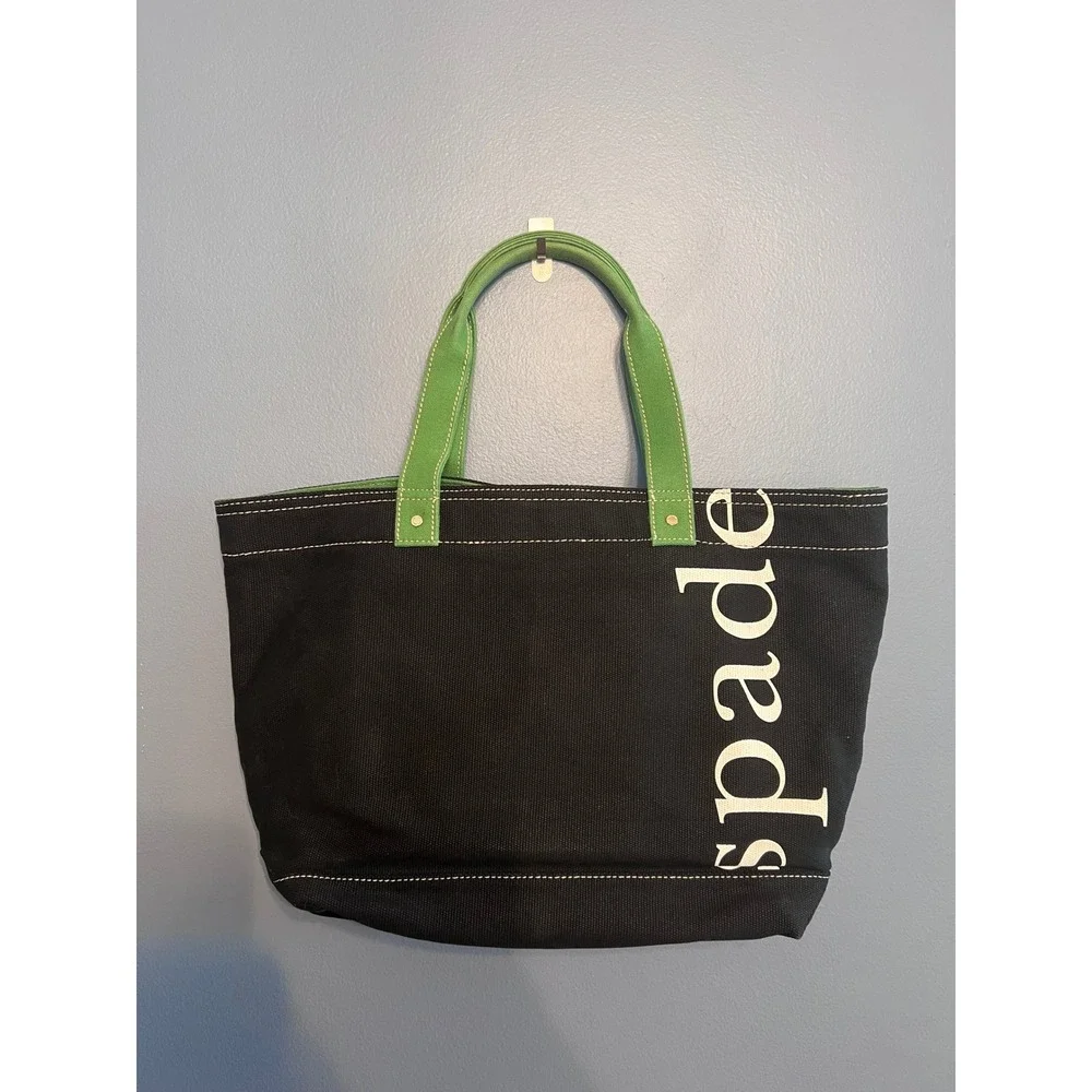 Kate Spade New York Canvas Tote Bag Black With Green Handles Bold Logo Chic